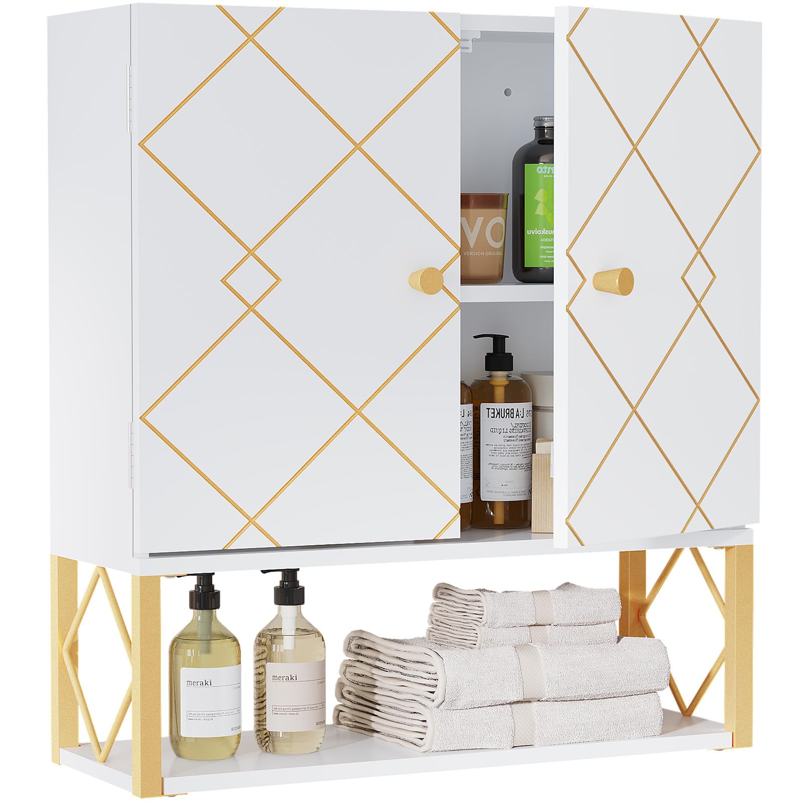 VOXANOXI Bathroom Cabinet Wall Mount, Premium Design Over The Toilet Storage Cabinet, Medicine Cabinet with 2 Doors and an Open Shelf, Wall Cabinet can Also be Used in The Laundry Room and Kitchen