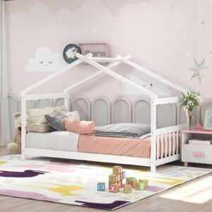 KOMFOTT Twin Wood House Bed for Kids, Low Profile Floor Bed Frame with Roof, Headboard & Footboard, Tent Bed for Toddlers, Boys & Girls, Wood Montessori Bed, No Box Spring Needed (White)