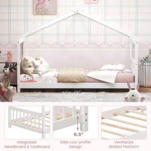 KOMFOTT Twin Wood House Bed for Kids, Low Profile Floor Bed Frame with Roof, Headboard & Footboard, Tent Bed for Toddlers, Boys & Girls, Wood Montessori Bed, No Box Spring Needed (White)