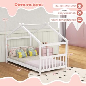 KOMFOTT Twin Wood House Bed for Kids, Low Profile Floor Bed Frame with Roof, Headboard & Footboard, Tent Bed for Toddlers, Boys & Girls, Wood Montessori Bed, No Box Spring Needed (White)