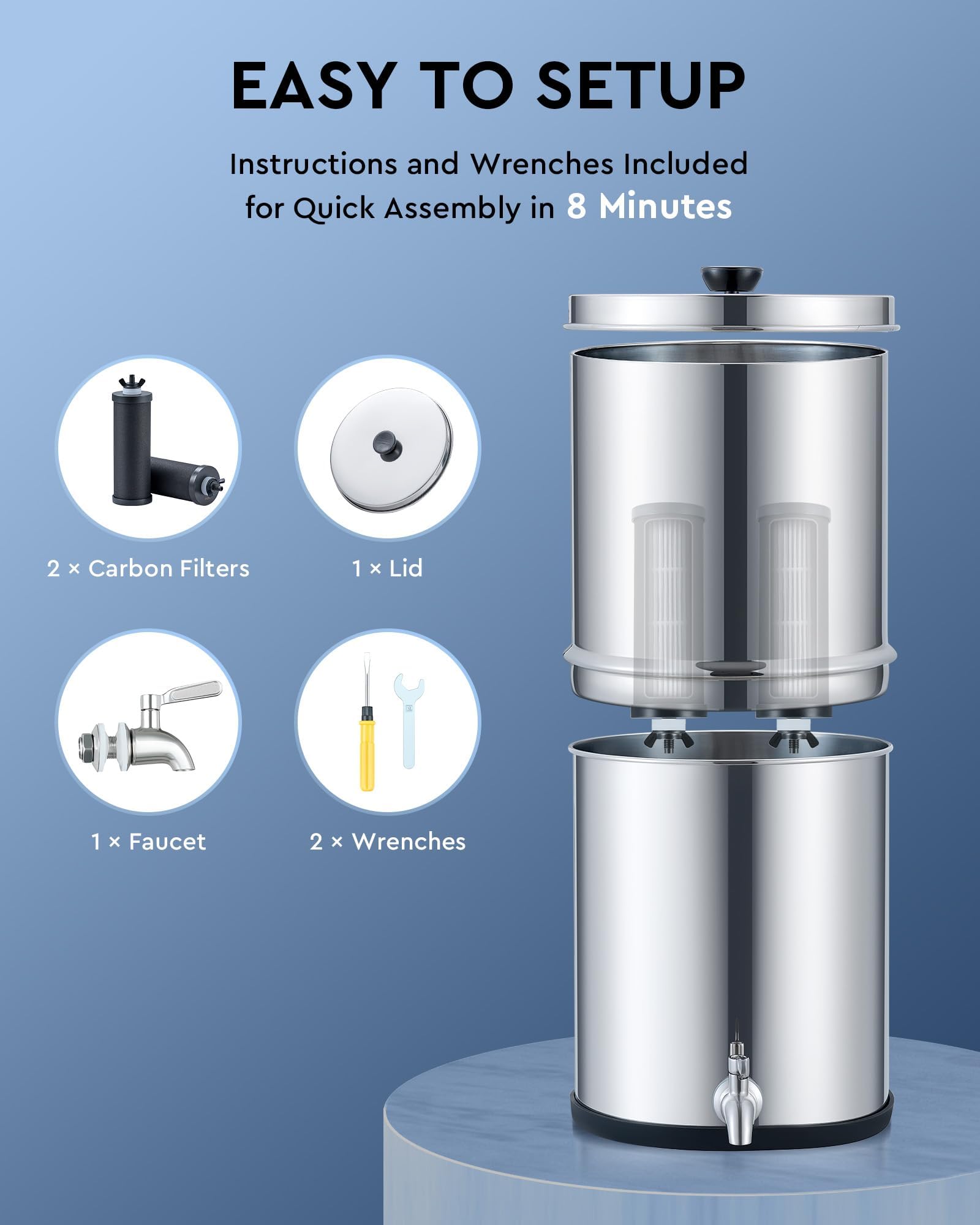 CO-Z Gravity-Fed Water Filter System, 2.25 Gallons Countertop Water Filtration System, 304 Stainless Steel Gravity Water Purifier with 2 Carbon Filters & Water Spigot, NSF/ANSI 42 Certification