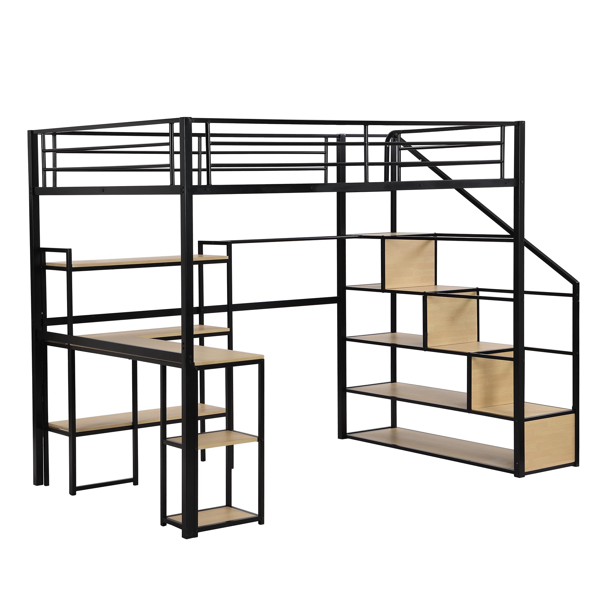 Bellemave Full Loft Bed with Desk Metal Loft Bed with Bookcase, Storage Staircase and 4-Tier Shelves, Full Size Loft Bed for Kids, Teens, Adults, Black