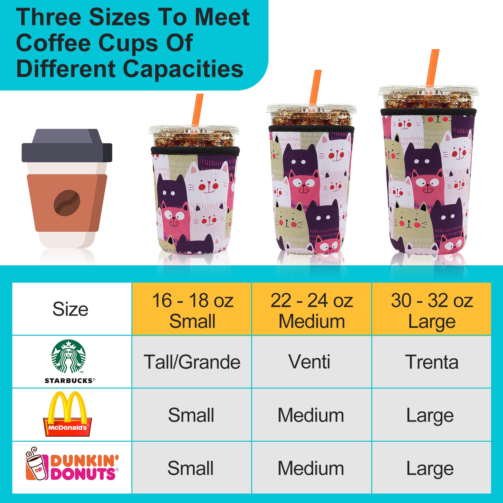 Desing Wish 3 Pack Reusable Iced Coffee Protective Sleeves Cup Insulator Neoprene Coffee Cup Cooler Sleeves Holders for 16-18oz/ 22-24oz/ 30-32oz Cold Drinks - Cats