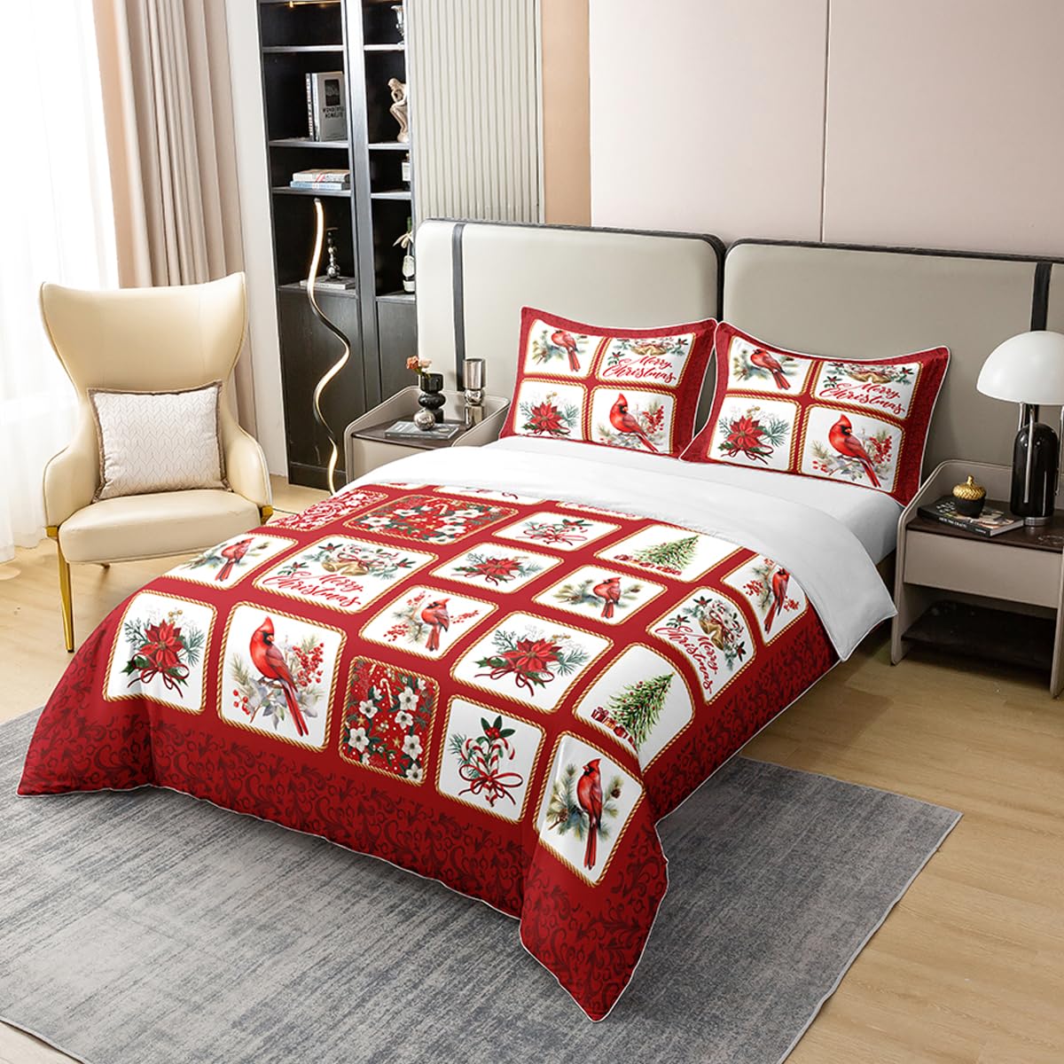 Exotic Birds 100% Nature Cotton Duvet Cover Queen,Merry Christmas Trees Flower Red Birds Super Soft Bedding Set,Rustic Farmhouse Geometry Patchwork Comforter Cover Bedding 3 Piece (No Comforter)