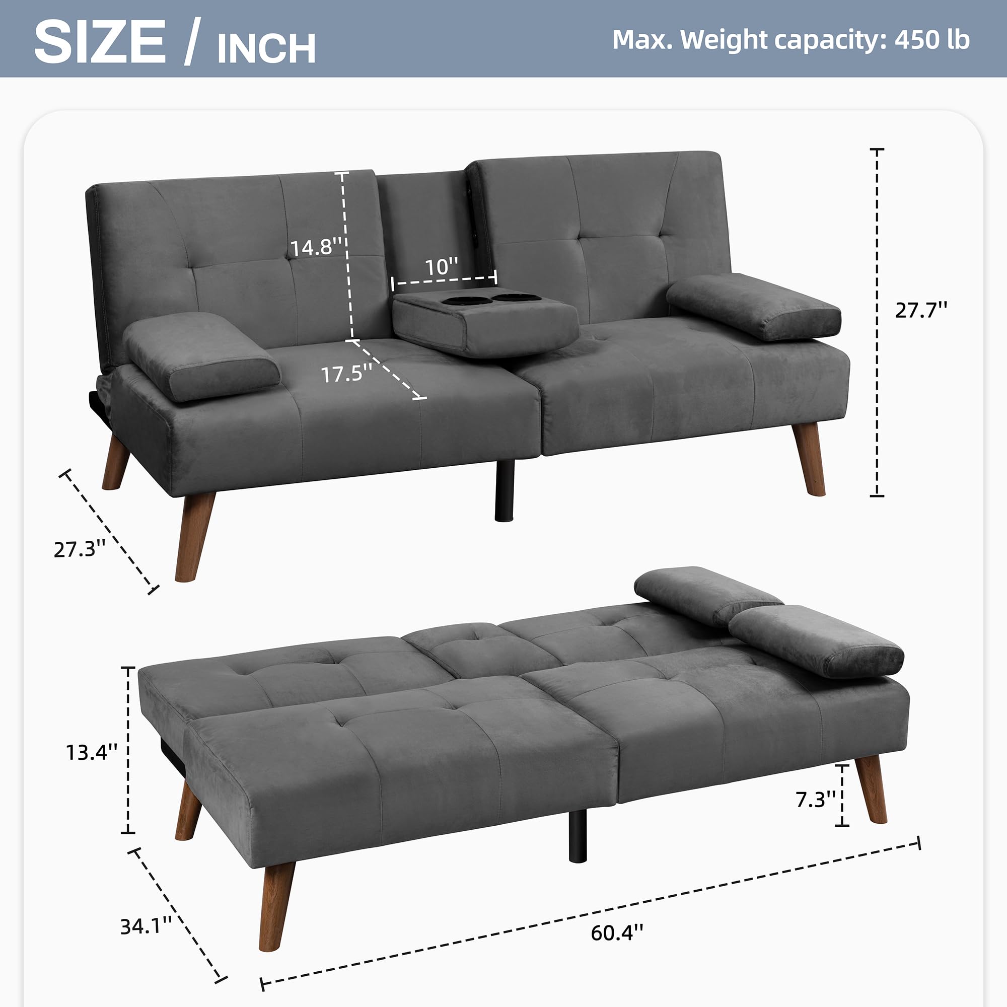 JAMFLY Futon Couch Sofa Bed Convertible, Small Sleeper Sofa Chair Loveseat with Cup Holder for Small Spaces, Living Room, Bedroom, Gameroom, Apartment, Dorm (Dark Gray)