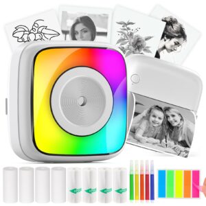 huijukeji mini sticker printer with rgb light pocket inkless thermal printer for ios&android, 9 rolls thermal paper＆5 color pens, bluetooth smart portable receipt printer for photo journal notes memo