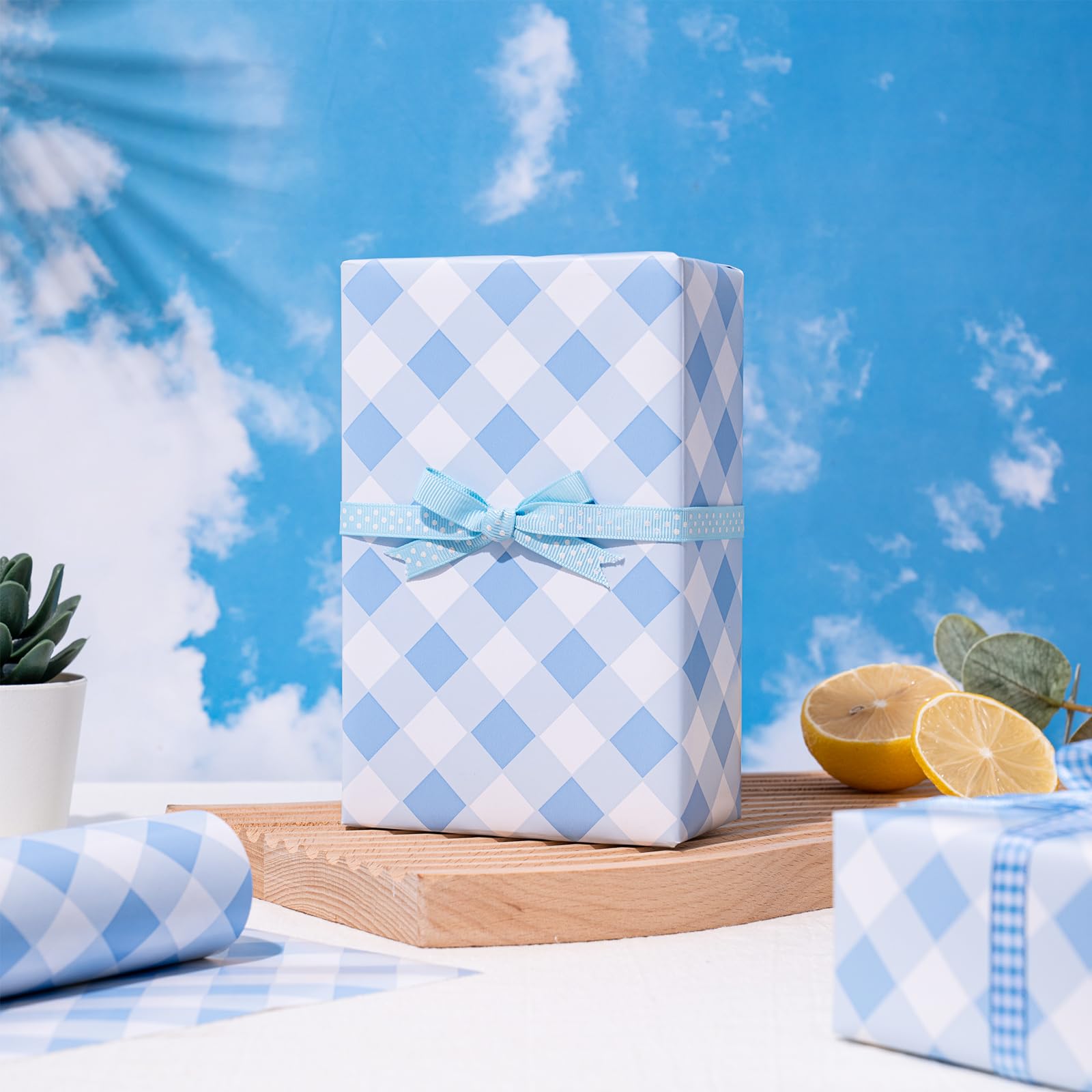 RUSPEPA Wrapping Paper - Mini Roll - Baby Blue Plaid White Background Design Perfect for Wedding, Birthday, Baby Shower, Party - 17.5 Inch X 32.8 Feet