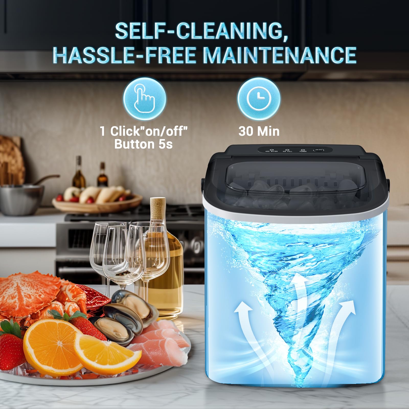 Kismile Ice Makers Countertop, Portable Ice Maker with Self-Cleaning, 26.5 lbs/24H, 9 Ice Cubes/6 Mins, Smart Button, Ice Machine with Basket and Scoop for Home/Office/Party