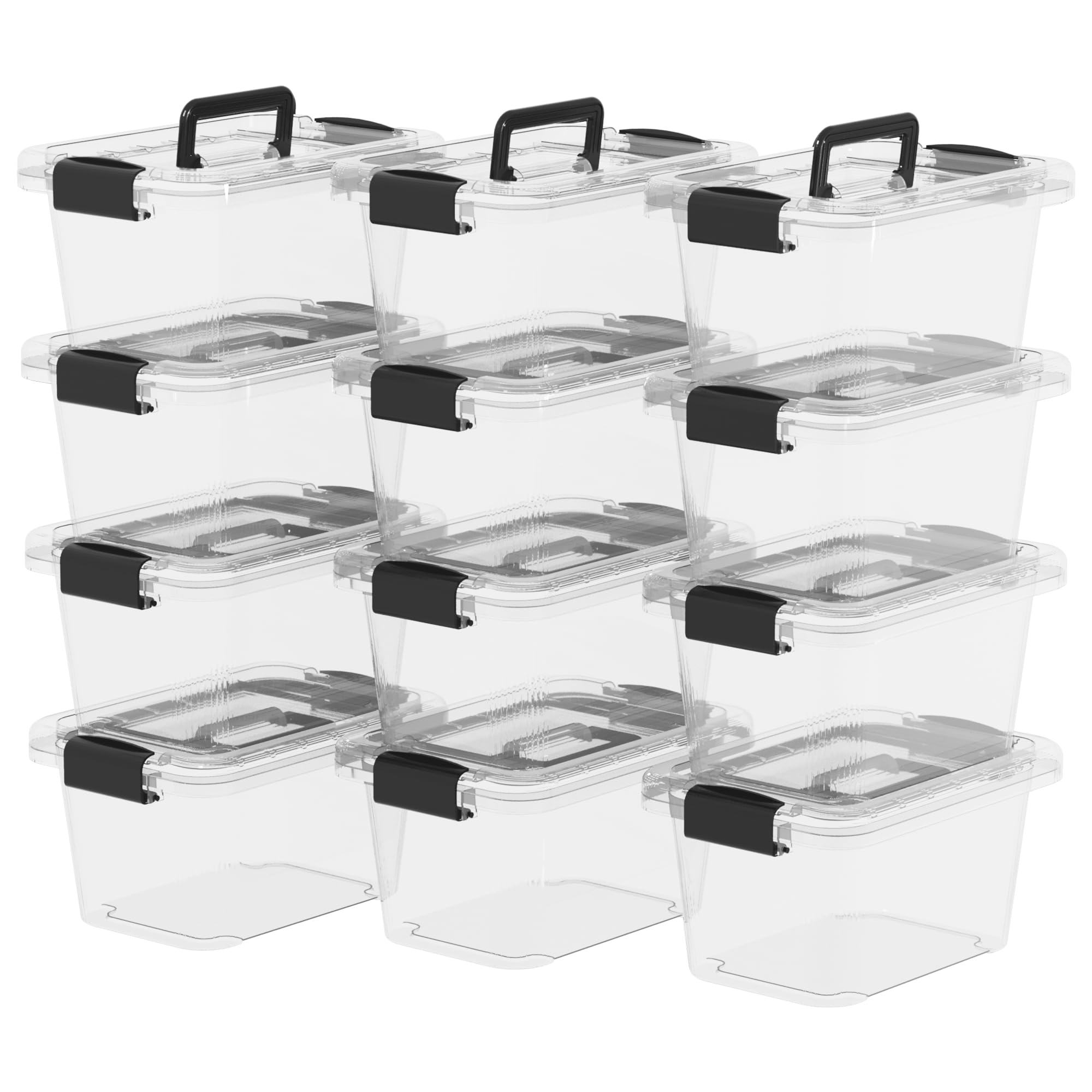 Cetomo Plastic Storage Bin Tote Stackable and Nestable Organizing Container with Lid and Secure Latching Buckles, Clear, 6.8Qt x 12, Pack of 12