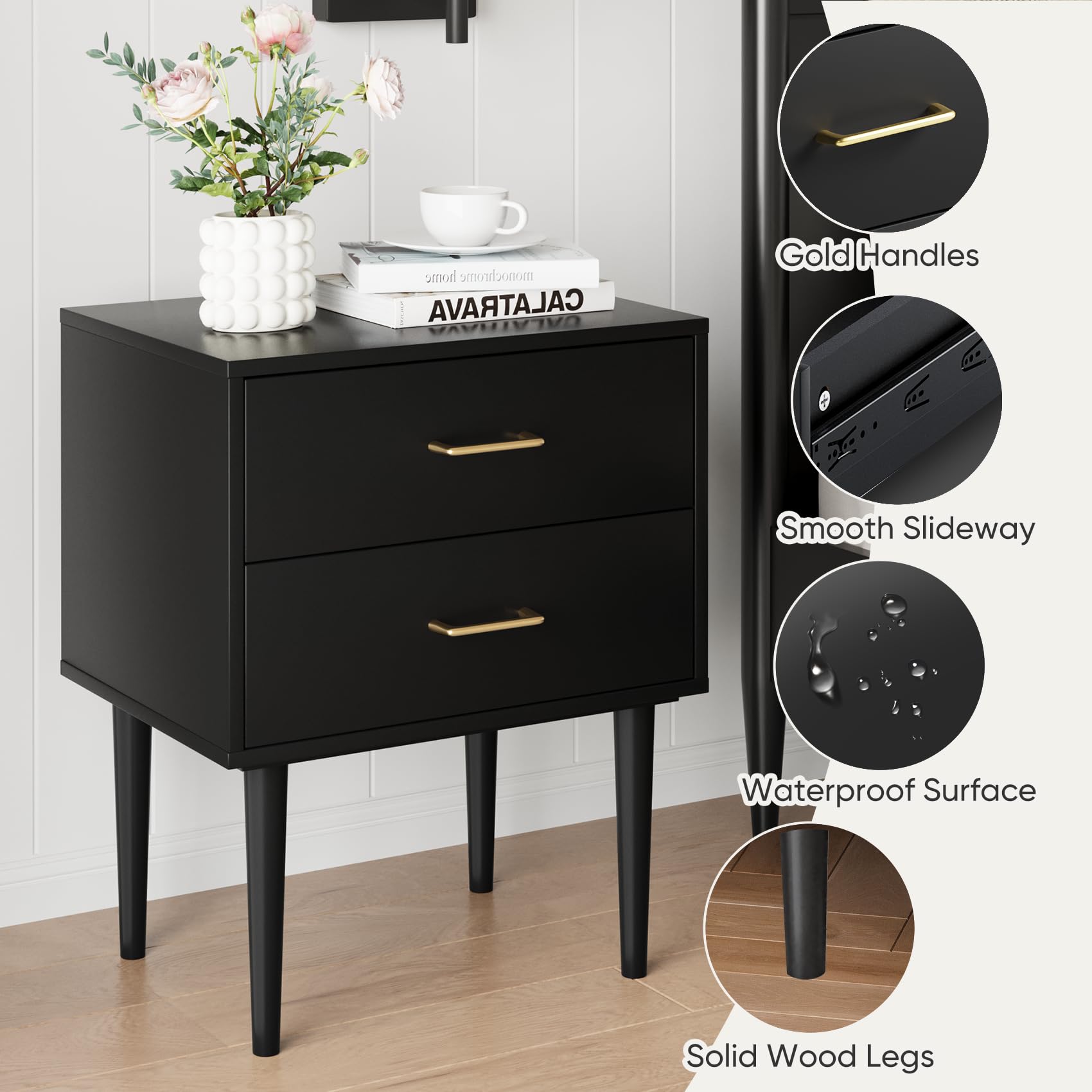 Smart FENDE Night Stand, Black Nightstand with 2 Drawers, 26" Tall Modern Bedside Table, Mid Century Modern End Table, Wood Night Stand with Solid Wood Leg for Bedroom