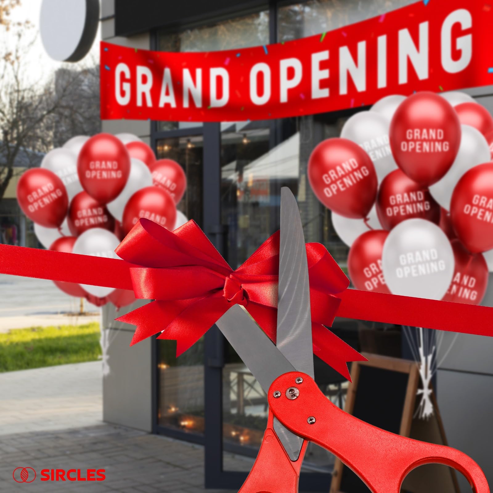 SIRCLES Grand Opening Ribbon Cutting Ceremony Kit - 25" Giant Scissors, 5yd of 4" Wide Ribbon, 10ft Banner, 8 Red & 8 White Balloons, 19 ft Banner Rope, 2 Rolls Balloon Ribbon - Grand Opening Kit