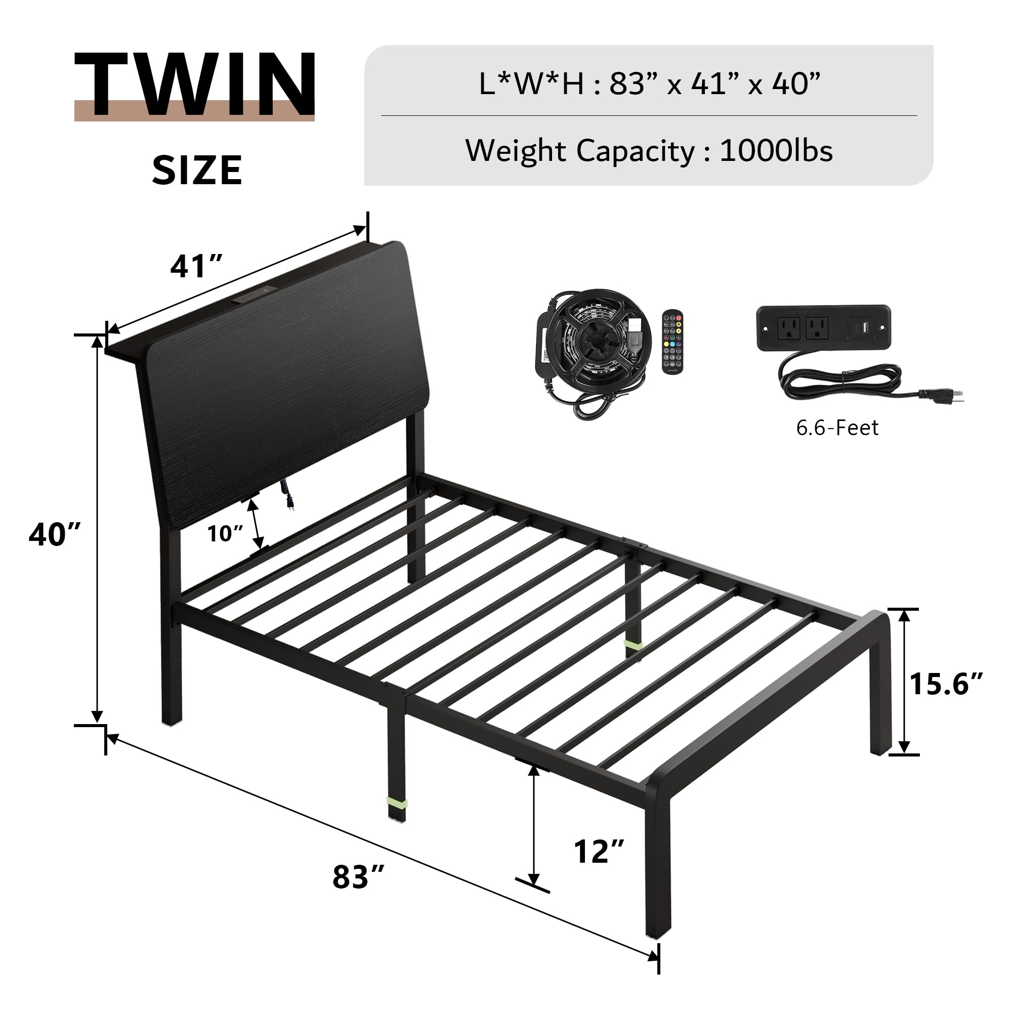 iPormis Metal Twin Bed with Ergonomic Wooden Headboard, Platform Beds with LED Lights and Charging Station, Sturdy Steel Slats Supports, No Box Spring Needed, Noise-Free, Easy Assembly, Black