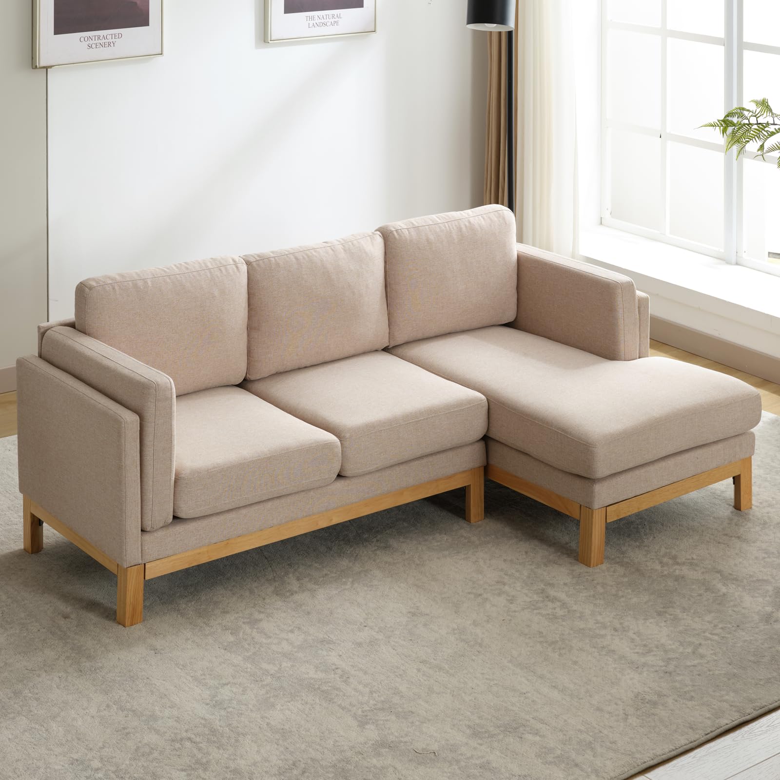 BALUS Sectional Sofa with Chaise Lounge, L Shaped Sofa Living Room Couch 83" Wide with Solid Wood Base, Modern Upholstered Linen Sofas, Easy Assembly - Beige