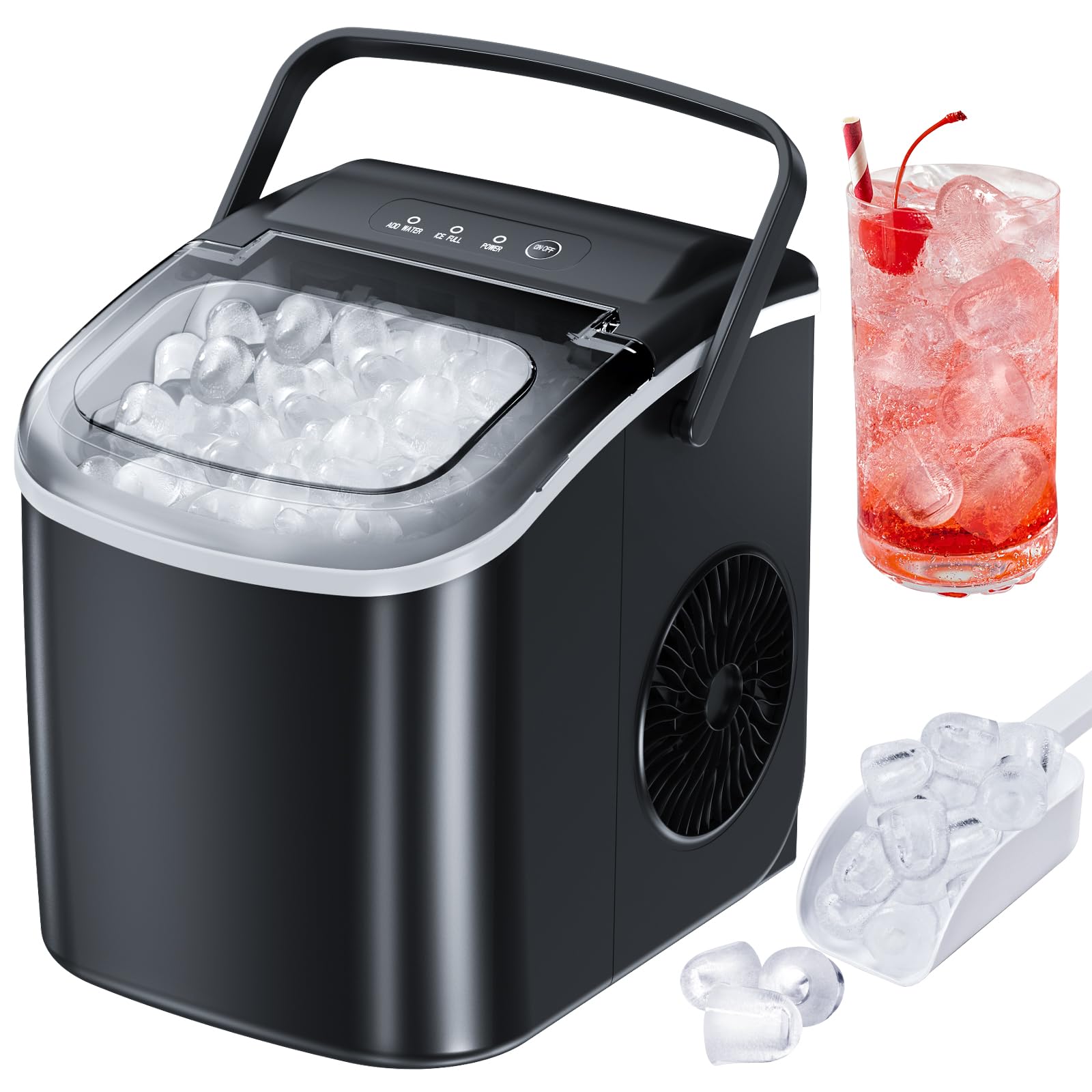 Kismile Ice Makers Countertop, Portable Ice Maker with Self-Cleaning, 26.5 lbs/24H, 9 Ice Cubes/6 Mins, Smart Button, Ice Machine with Basket and Scoop for Home/Office/Party