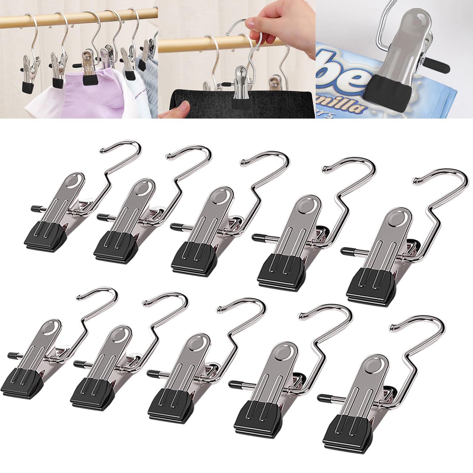 10PC Space-Saving Clothespin Hat Pants Storage Hanging Travel Hook,360°Rotating Stainless Steel Metal Hanging Travel Hooks for Hanging,Single Clip Hangers with Hook (10PC-Black)