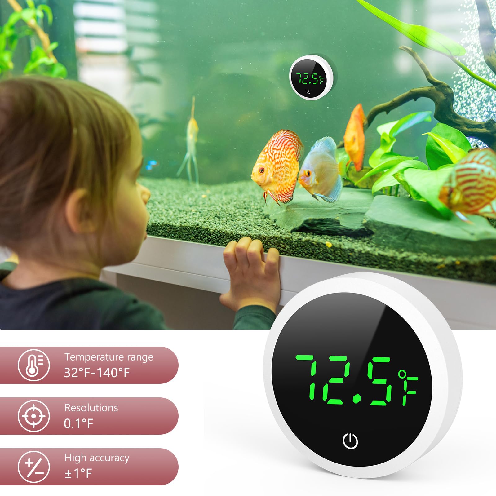 LOFICOPER Aquarium Thermometer, Digital Fish Tank Thermometer, Stick-on Reptile Thermometer with LED Touch Screen, Battery, for Fish, Aquatic Pets, Axolotl, Turtle, ℉