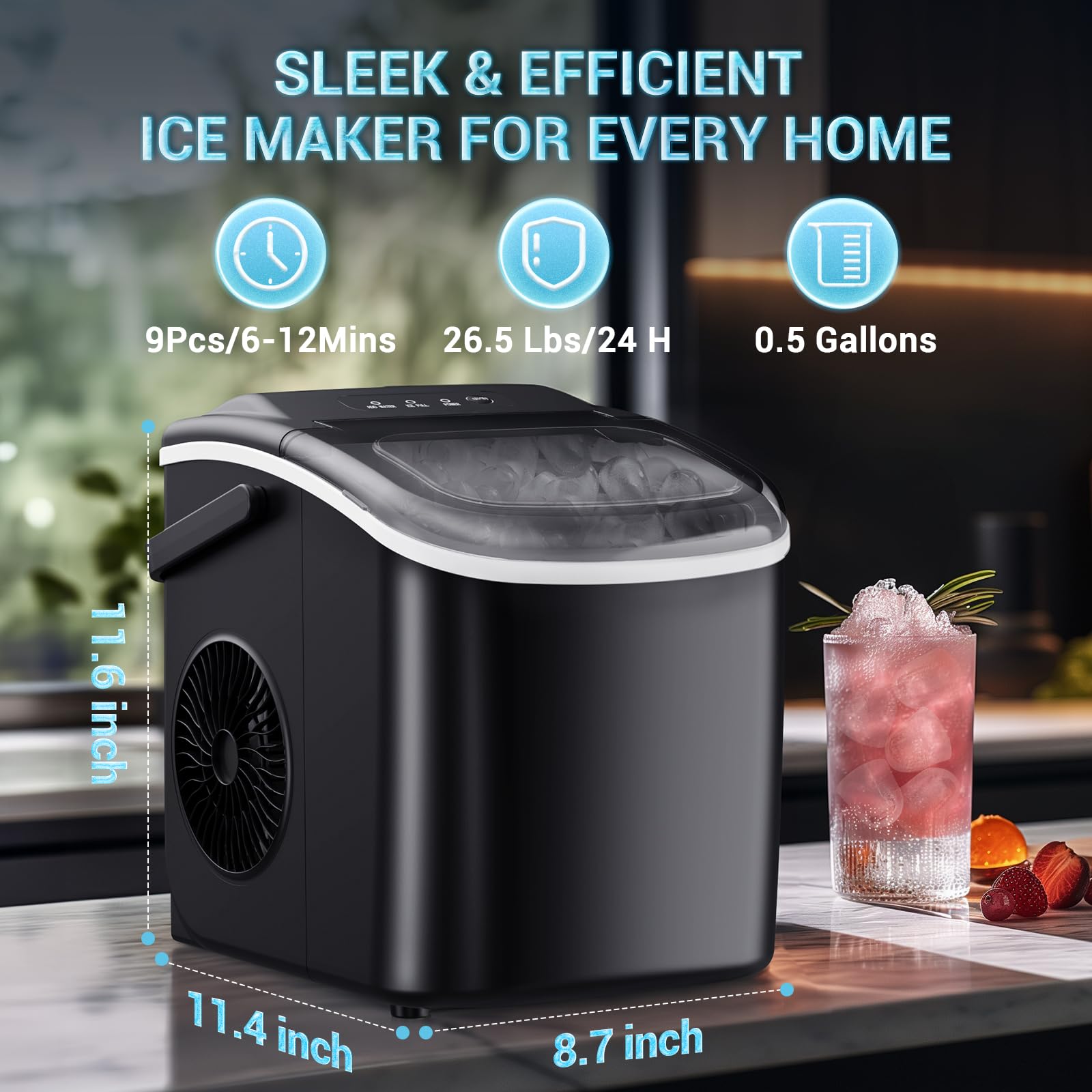 Kismile Ice Makers Countertop, Portable Ice Maker with Self-Cleaning, 26.5 lbs/24H, 9 Ice Cubes/6 Mins, Smart Button, Ice Machine with Basket and Scoop for Home/Office/Party