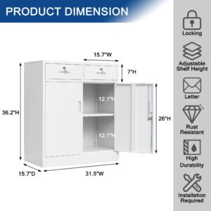 TaskStorz Metal Garage Storage Cabinets，Metal File Cabinet with 2 Locking Drawers, Lockable Storage Cabinets for Office, Home, Garage, Warehouse 36.2" H x 31.5" W x 15.7" D (White)