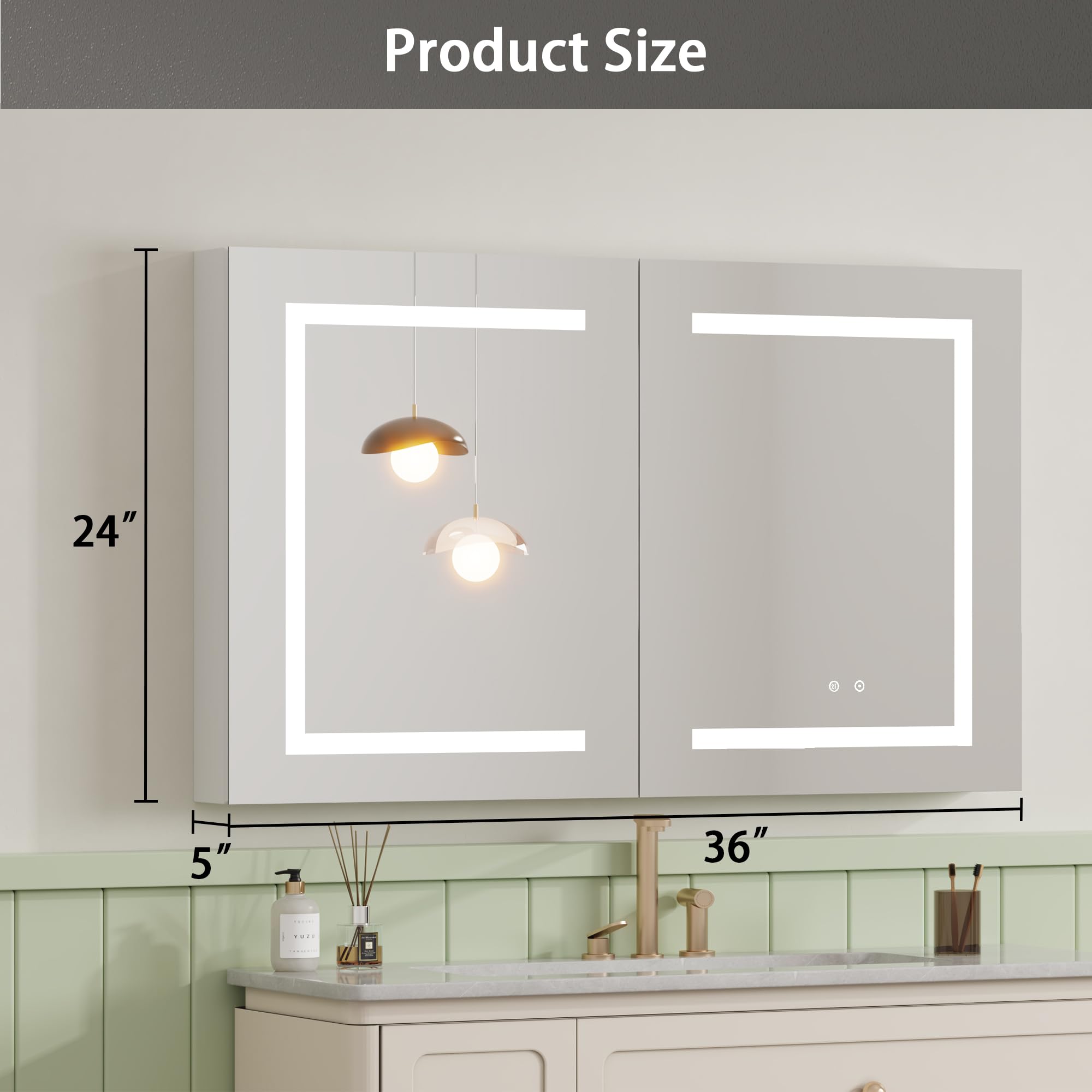 Medicine Cabinet with LED Mirror for Bathroom, 36''x24'' Aluminum, Wall Mounted Led Medicine Cabinet, Defog, Stepless Dimming, 3 Colors, 2 Outlets, 2USB, Wall Mounted (36'' x 24'' Double Door)