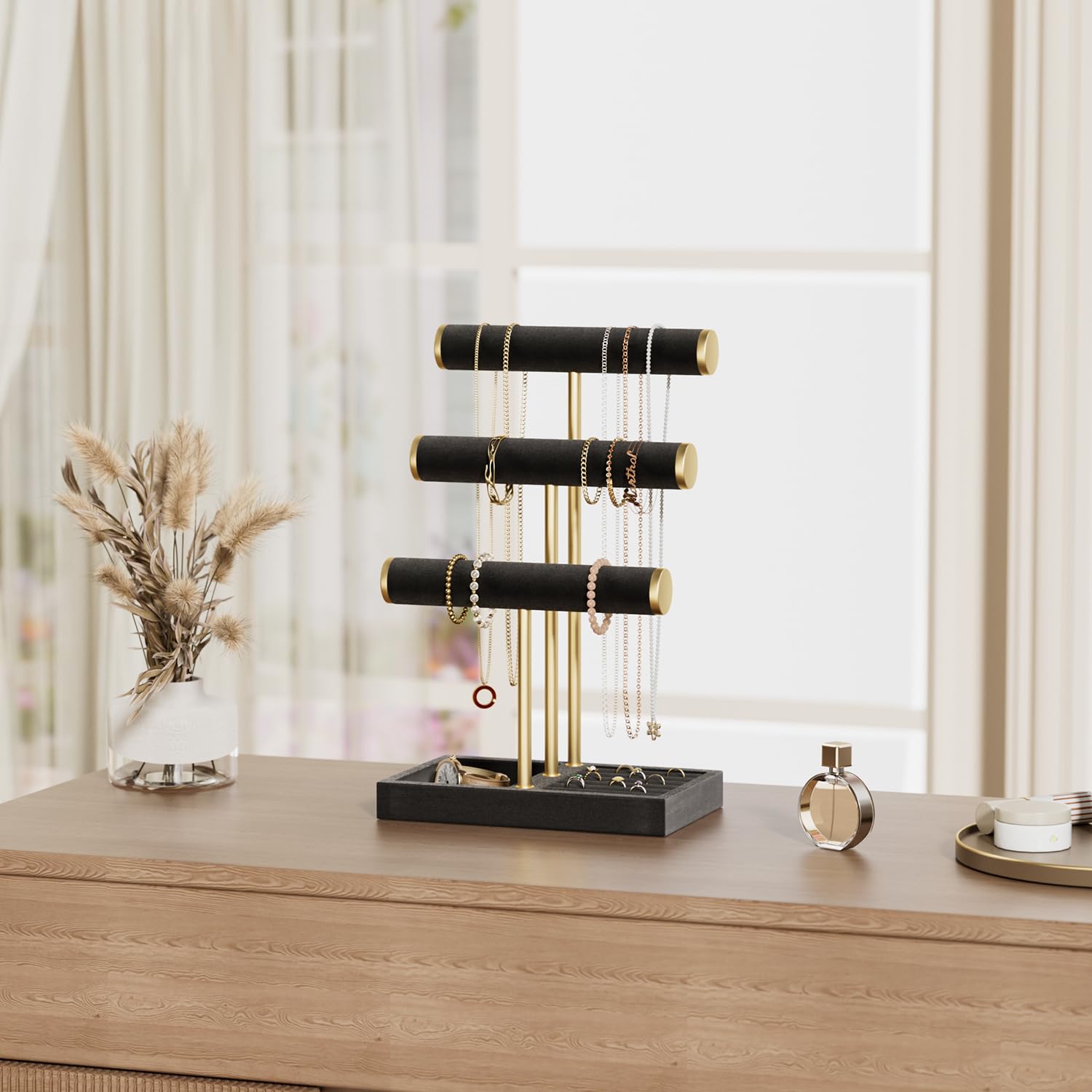 bussdis 3 Tier Bracelet Holder Display - Detachable T Bar Black Velvet Bracelet Holder, Jewelry Holder Organizer for Bracelet, Necklace, Watches, Rings