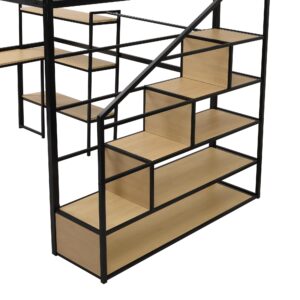 Bellemave Full Loft Bed with Desk Metal Loft Bed with Bookcase, Storage Staircase and 4-Tier Shelves, Full Size Loft Bed for Kids, Teens, Adults, Black