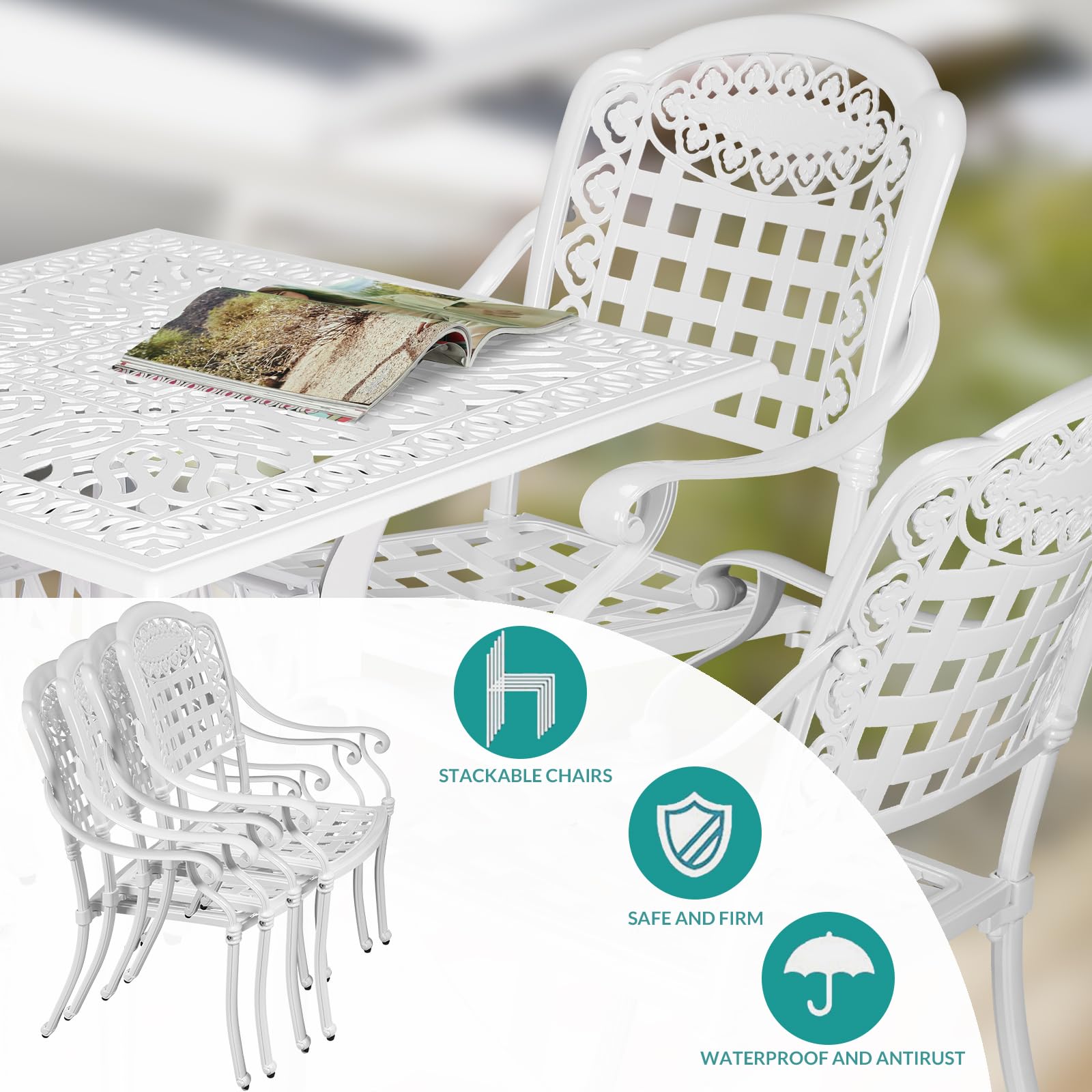 MEETWARM 5-Piece Outdoor Patio Dining Set, All-Weather Cast Aluminum Patio Conversation Set for Backyard Garden Deck with 4 Chairs, 4 Cushions and 35.4" Square Table with Umbrella Hole, White