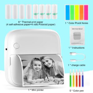 HuiJuKeJi Mini Sticker Printer with RGB Light Pocket Inkless Thermal Printer for iOS&Android, 9 Rolls Thermal Paper＆5 Color Pens, Bluetooth Smart Portable Receipt Printer for Photo Journal Notes Memo