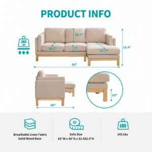 BALUS Sectional Sofa with Chaise Lounge, L Shaped Sofa Living Room Couch 83" Wide with Solid Wood Base, Modern Upholstered Linen Sofas, Easy Assembly - Beige