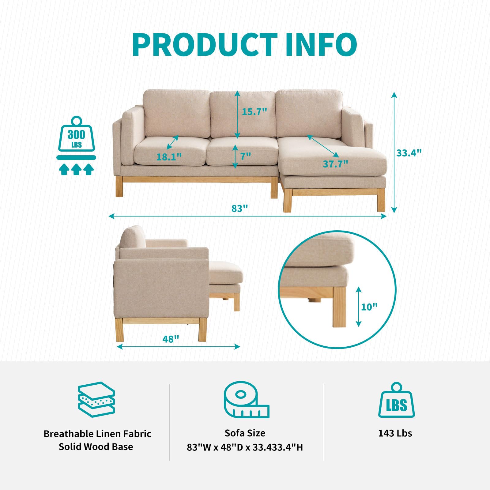 BALUS Sectional Sofa with Chaise Lounge, L Shaped Sofa Living Room Couch 83" Wide with Solid Wood Base, Modern Upholstered Linen Sofas, Easy Assembly - Beige