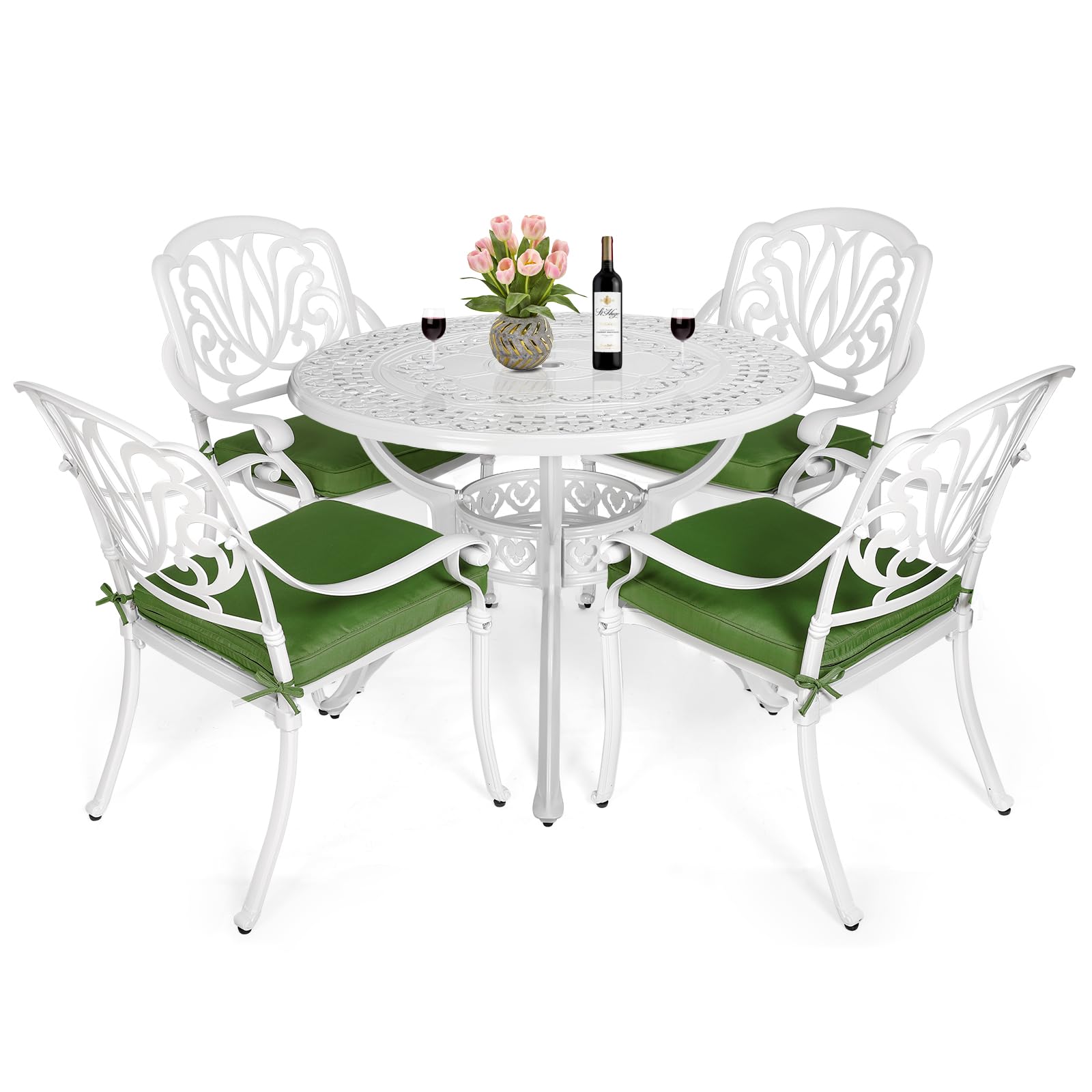 MEETWARM 5 Piece Patio Dining Set, Outdoor All-Weather Cast Aluminum Dining Table Set, Patio Furniture Set for Backyard Garden Deck, Include 4 Chairs, 4 Cushions and 1 Round Table, White