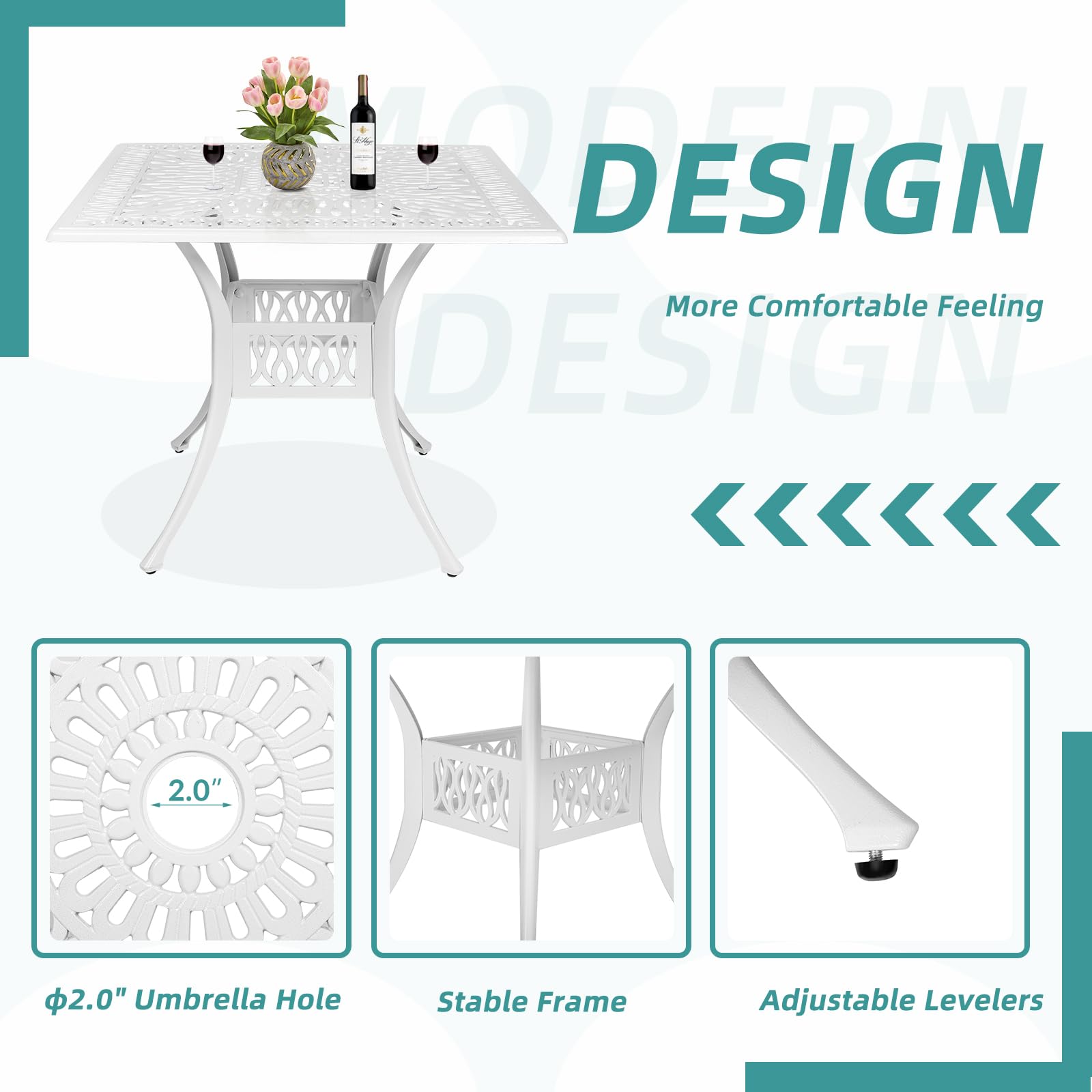 MEETWARM 5-Piece Outdoor Patio Dining Set, All-Weather Cast Aluminum Patio Conversation Set for Backyard Garden Deck with 4 Chairs, 4 Cushions and 35.4" Square Table with Umbrella Hole, White