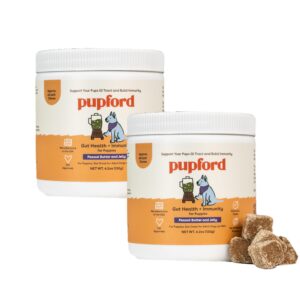 pupford gut health & immunity supplement for puppies and adult dogs, made in the usa, vet approved, no artificial flavors, peanut butter and jelly, net wt. 4.2 oz (120g) (pack of 2)