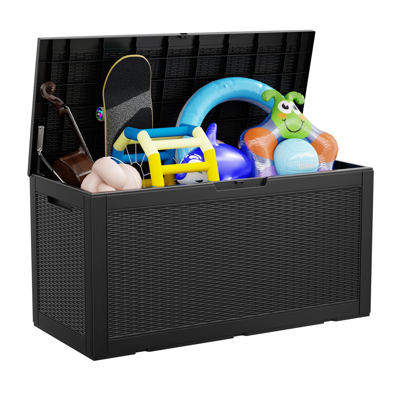 GGYI 100 Gallon Waterproof Outdoor Resin Deck Box with Lockable Lid, Stylish Wicker Pattern, Easy Assembly Features and Convenient Handles For Cushion, Pillows and other Patio Furniture (Black)