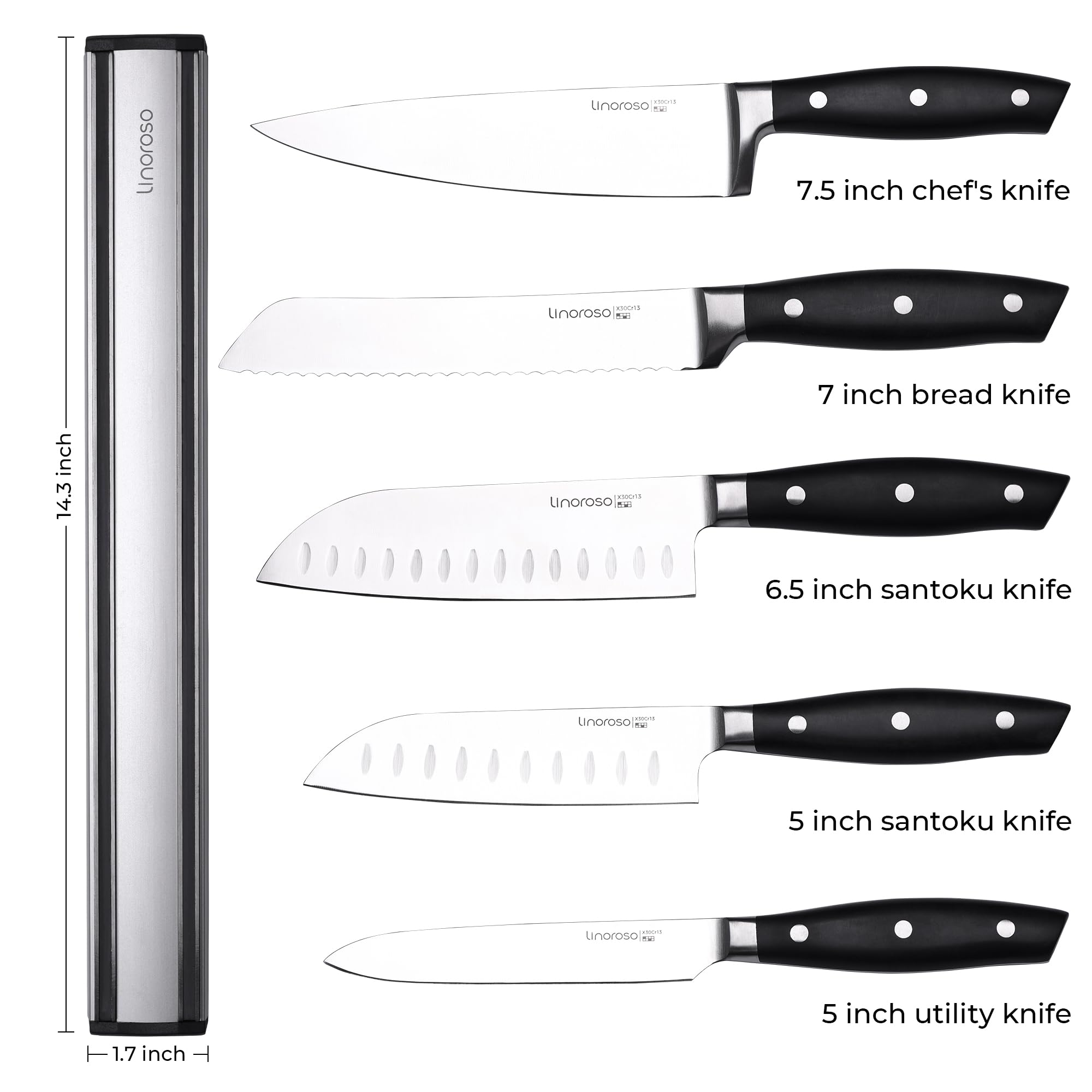 linoroso 5 Pcs Knife Set with Magnetic Knife Strip, Sharp High Carbon Stainless Steel Kitchen Knife Set for Cutting, Chopping & Slicing, Chef Knives Set with Magnetic Knife Holder for Wall