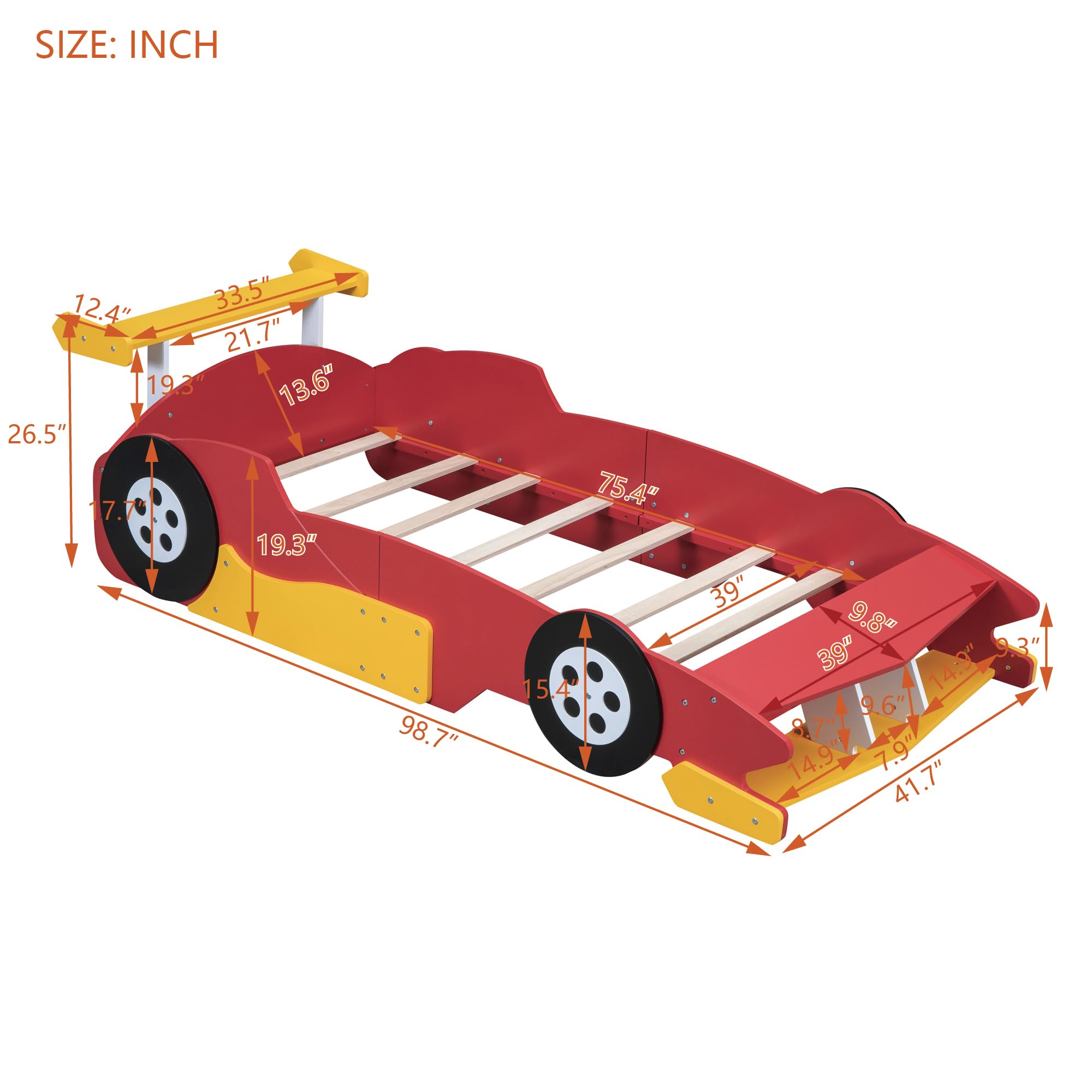 Linique Twin Size Race Car-Shaped Platform Bed with Wheels and Storage, Wood Twin Bed Frame No Box Spring Required, Red