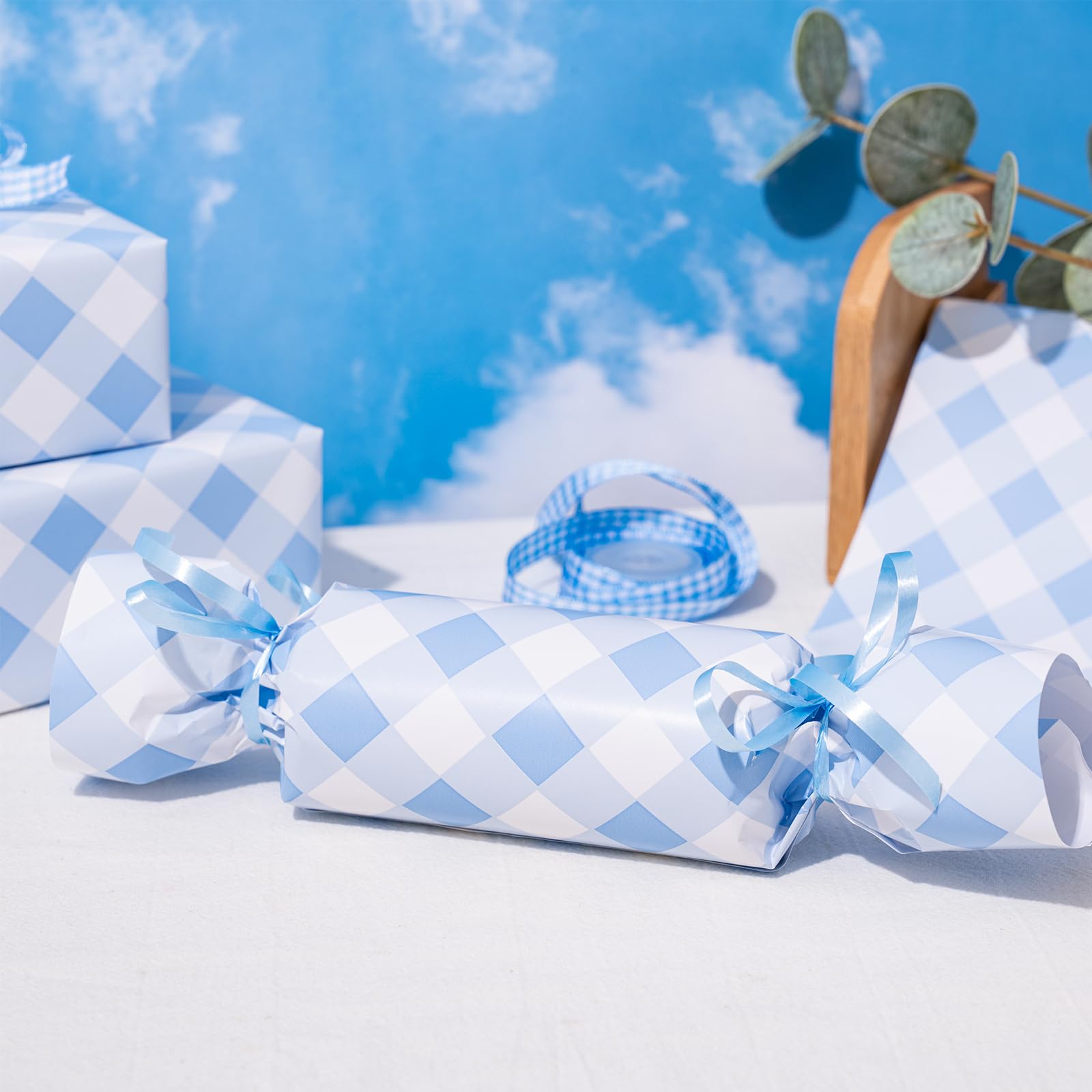 RUSPEPA Wrapping Paper - Mini Roll - Baby Blue Plaid White Background Design Perfect for Wedding, Birthday, Baby Shower, Party - 17.5 Inch X 32.8 Feet