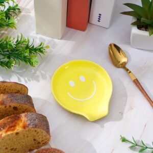 Whaline Happy Face Spoon Rest Yellow Smile Face Ceramic Spoon Holder Boho Face Sauce Dishes Ring Dish for Groovy Retro Boho Party Kitchen Office Home Decor