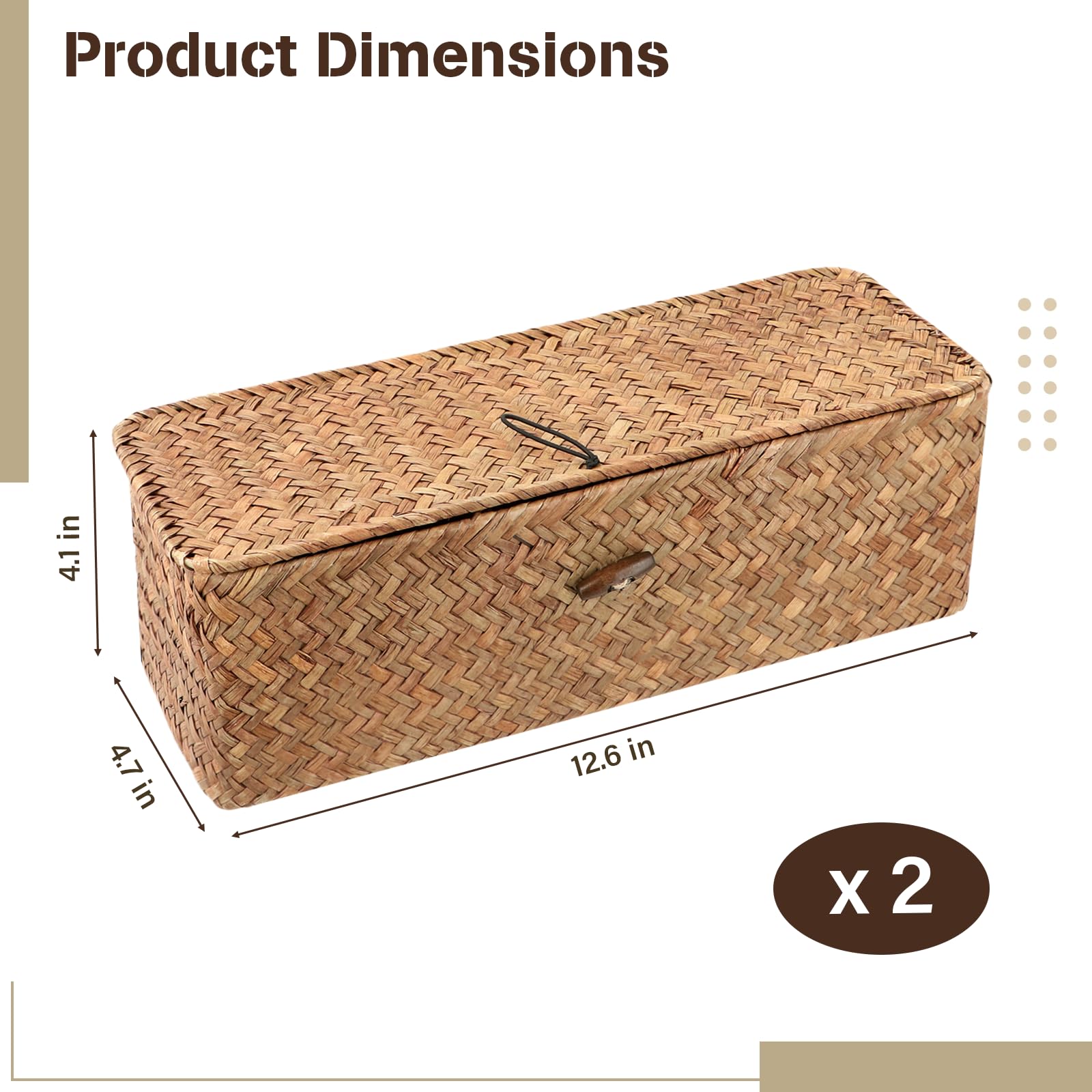 Lnrueg 2 PCS Woven Basket with Lid Seagrass Tank Toilet Roll Storage Narrow Thin Basket with 3 Sections Rectangular for Organizing 12.6L x 4.7W x 4.1H Inch