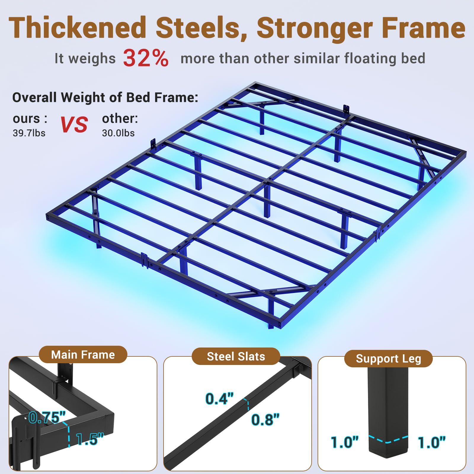 Hasuit Floating Bed Frame Queen Size with LED Lights, Metal Platform Queen Bed, No Box Spring Needed, Easy to Assemble (Queen)