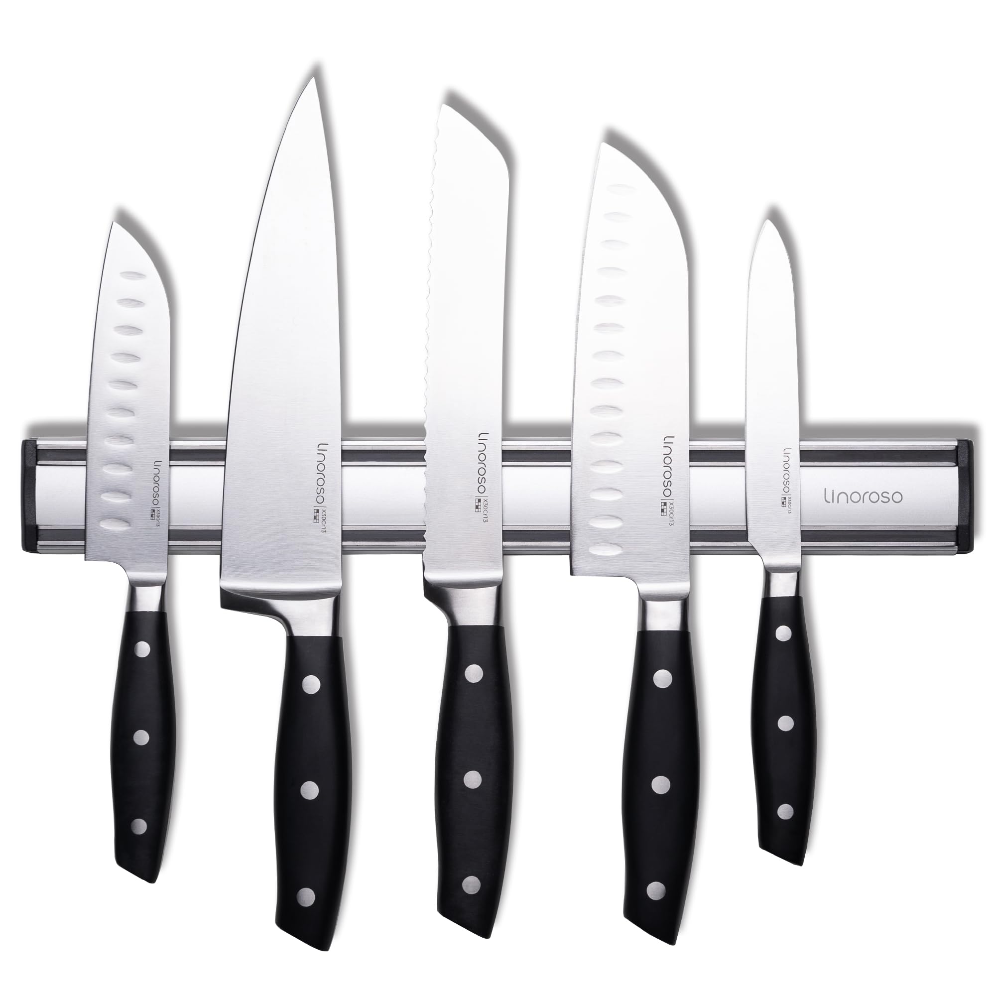 linoroso 5 Pcs Knife Set with Magnetic Knife Strip, Sharp High Carbon Stainless Steel Kitchen Knife Set for Cutting, Chopping & Slicing, Chef Knives Set with Magnetic Knife Holder for Wall