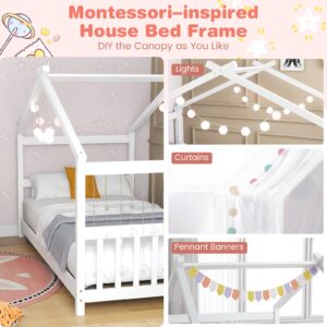 KOMFOTT Twin Wood House Bed for Kids, Low Profile Floor Bed Frame with Roof, Headboard & Footboard, Tent Bed for Toddlers, Boys & Girls, Wood Montessori Bed, No Box Spring Needed (White)