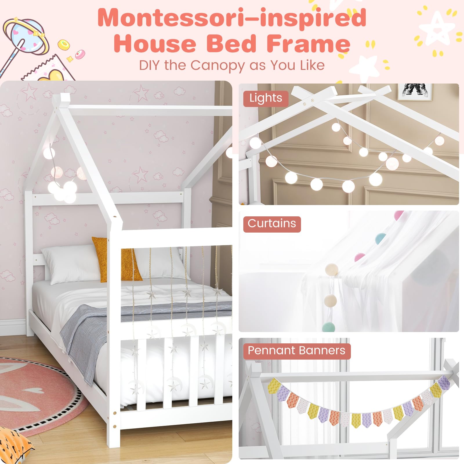 KOMFOTT Twin Wood House Bed for Kids, Low Profile Floor Bed Frame with Roof, Headboard & Footboard, Tent Bed for Toddlers, Boys & Girls, Wood Montessori Bed, No Box Spring Needed (White)