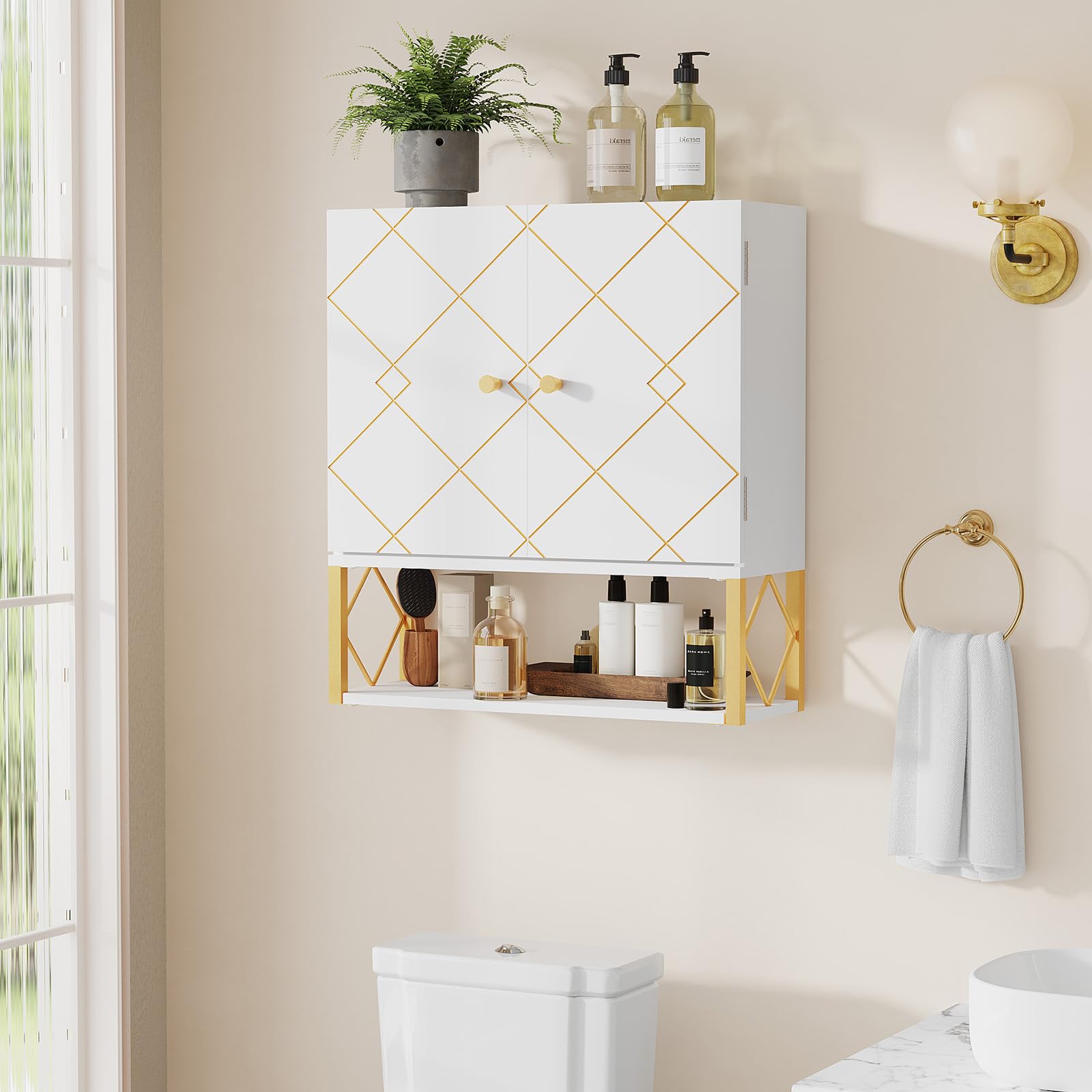 VOXANOXI Bathroom Cabinet Wall Mount, Premium Design Over The Toilet Storage Cabinet, Medicine Cabinet with 2 Doors and an Open Shelf, Wall Cabinet can Also be Used in The Laundry Room and Kitchen