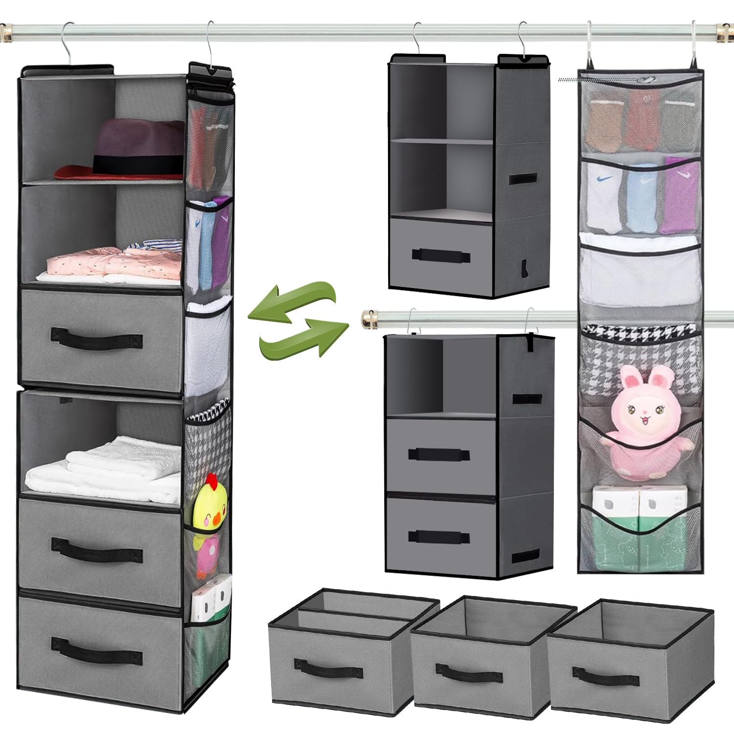 Abritex 6-Shelf Hanging Closet Organizer with Drawers and Removable Shelves - Foldable Fabric Storage Shelves for Clothes, Shoes and Accessories -Breathable and Sturdy Hanging Shelves with Hooks