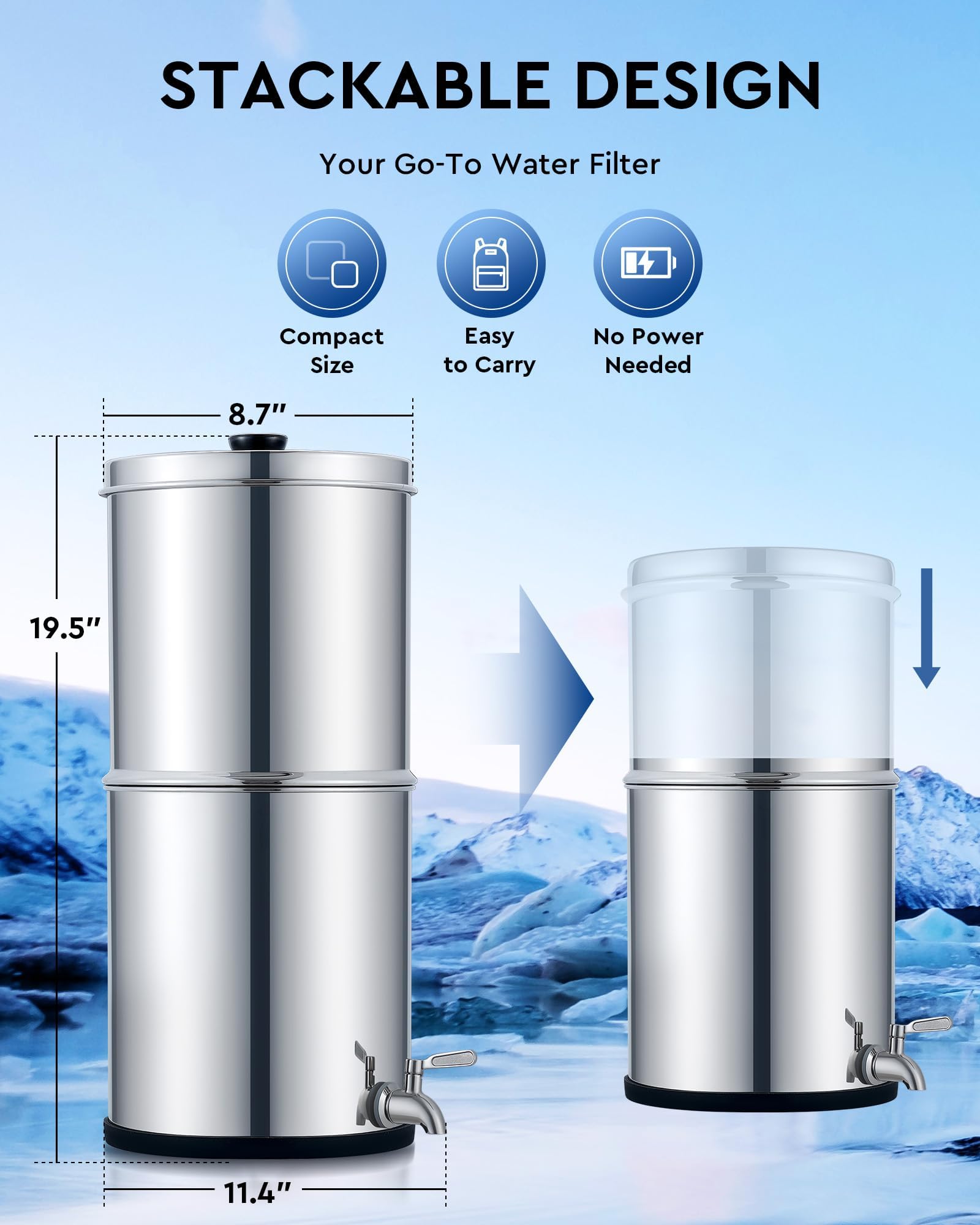 CO-Z Gravity-Fed Water Filter System, 2.25 Gallons Countertop Water Filtration System, 304 Stainless Steel Gravity Water Purifier with 2 Carbon Filters & Water Spigot, NSF/ANSI 42 Certification