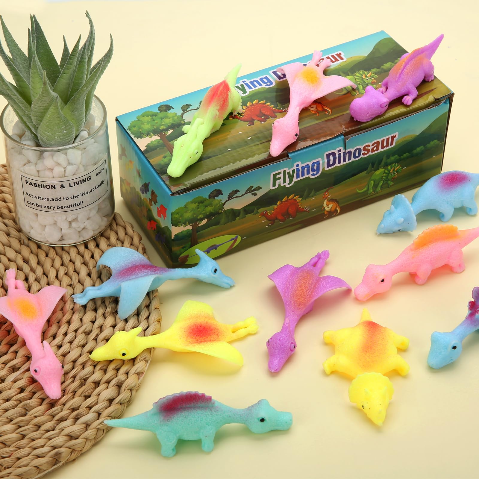 20 Pcs Slingshot Dinosaur Finger Toys, Party Favors for Kids Sticky Rubber Dino Flying Catapult Fidget Toys for Boys Girls Birthday Goodie Bag Easter Basket Stuffers Valentines Xmas Gifts