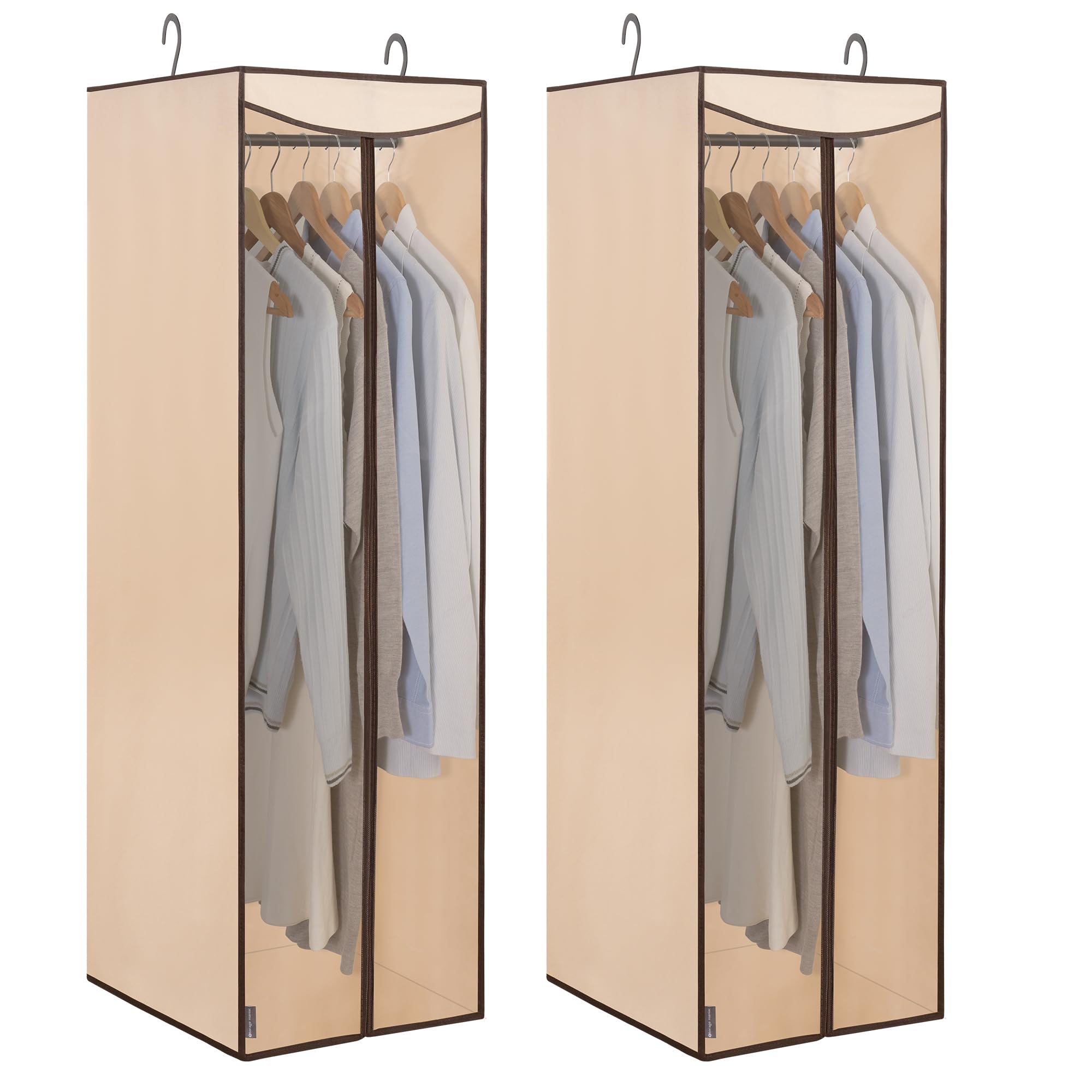 STORAGE MANIAC 2-Pack Hanging Garment Bag Zipper Cover with Sealed Clear Window, Long Garment Cover for Closet Storage Wardrobe Clothes Protector, Large Garment Storage Bag for Dresses,Suits, Beige