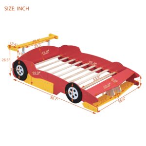 Full Size Race Car-Shaped Platform Bed with Wheels, Unique Wooden Car Bed Frame with Guardrails and Slat Support for Kids Boys Girls Teens Bedroom Furniture, No Box Spring Needed (Red-03, Full)