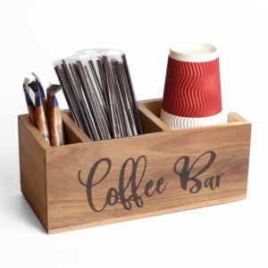 lbemey acacia wood coffee bar station organizer,coffee station organizer for cup lid stirrers pod, disposable coffee cup holder, farmhouse coffee bar accessories decor, brown labeled coffee bar