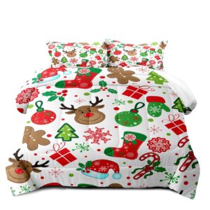 LUVIVIHOME 3PCS Christmas Comforter Set Queen Size, Boys Girls Kids Bedding, Cute Reindeer Snowflake Gingerbread Candy Cane Snowflake Holiday Christmas Bedding, Green Red White Quilt, 2 Pillow Shams